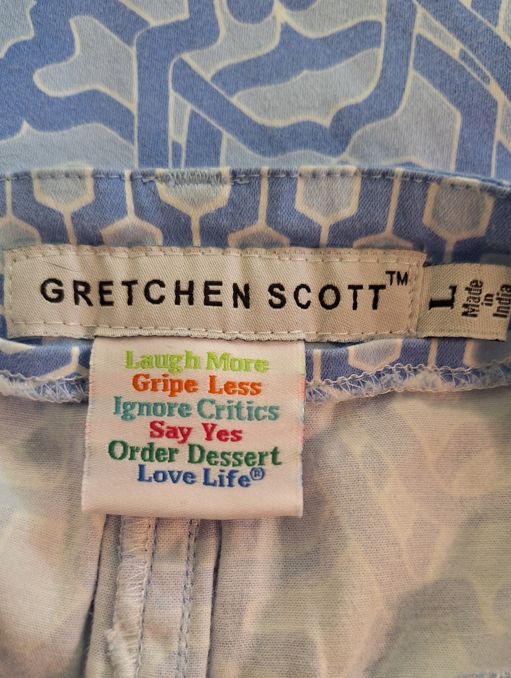 Gretchen Scott Gripe Less Blue Geo Print Crop Pants Sz Large - Picture 5 of 6